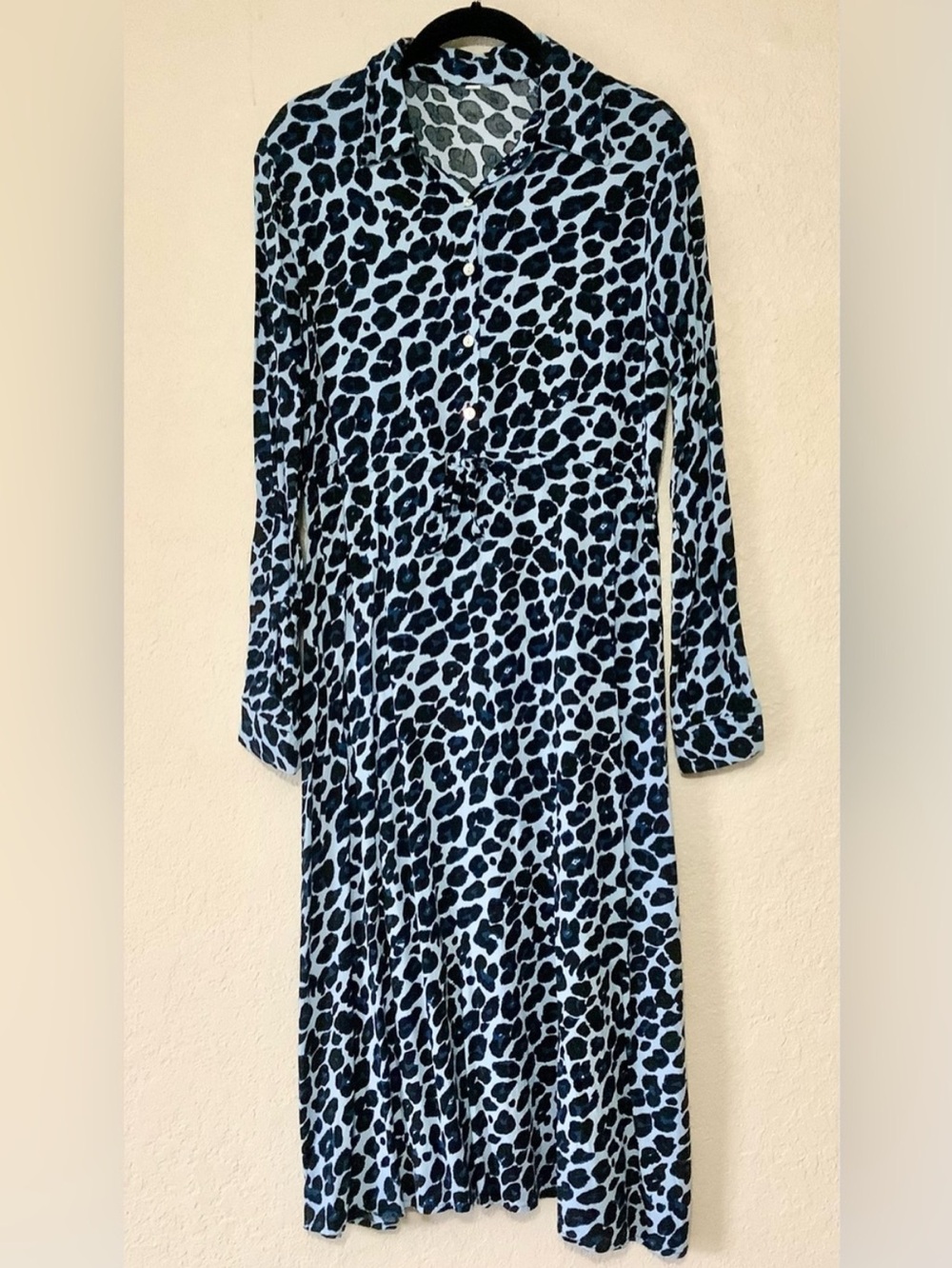 SHEIN Blue and Black Leopard Print Midi Shirt Dress